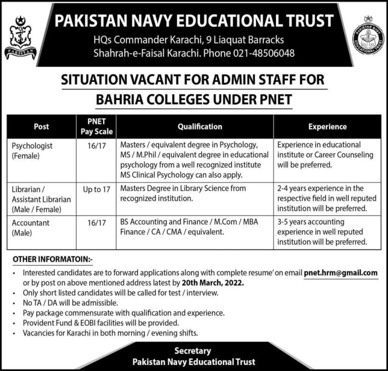 Pakistan Navy Educational Trust Jobs Vacancies at Bahria Colleges 2023